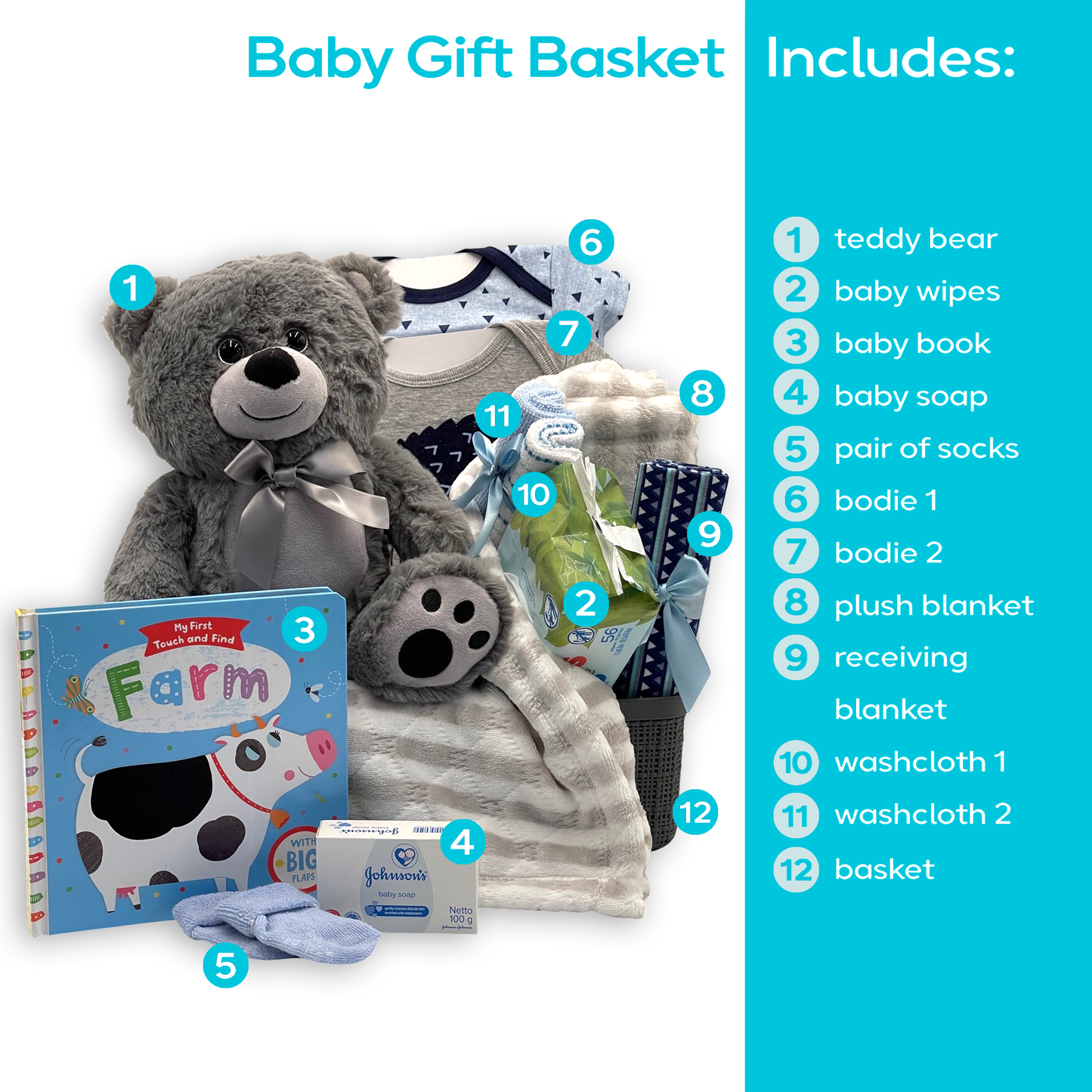 12 Piece Boy Essentials Gift Basket Great for Newborns
