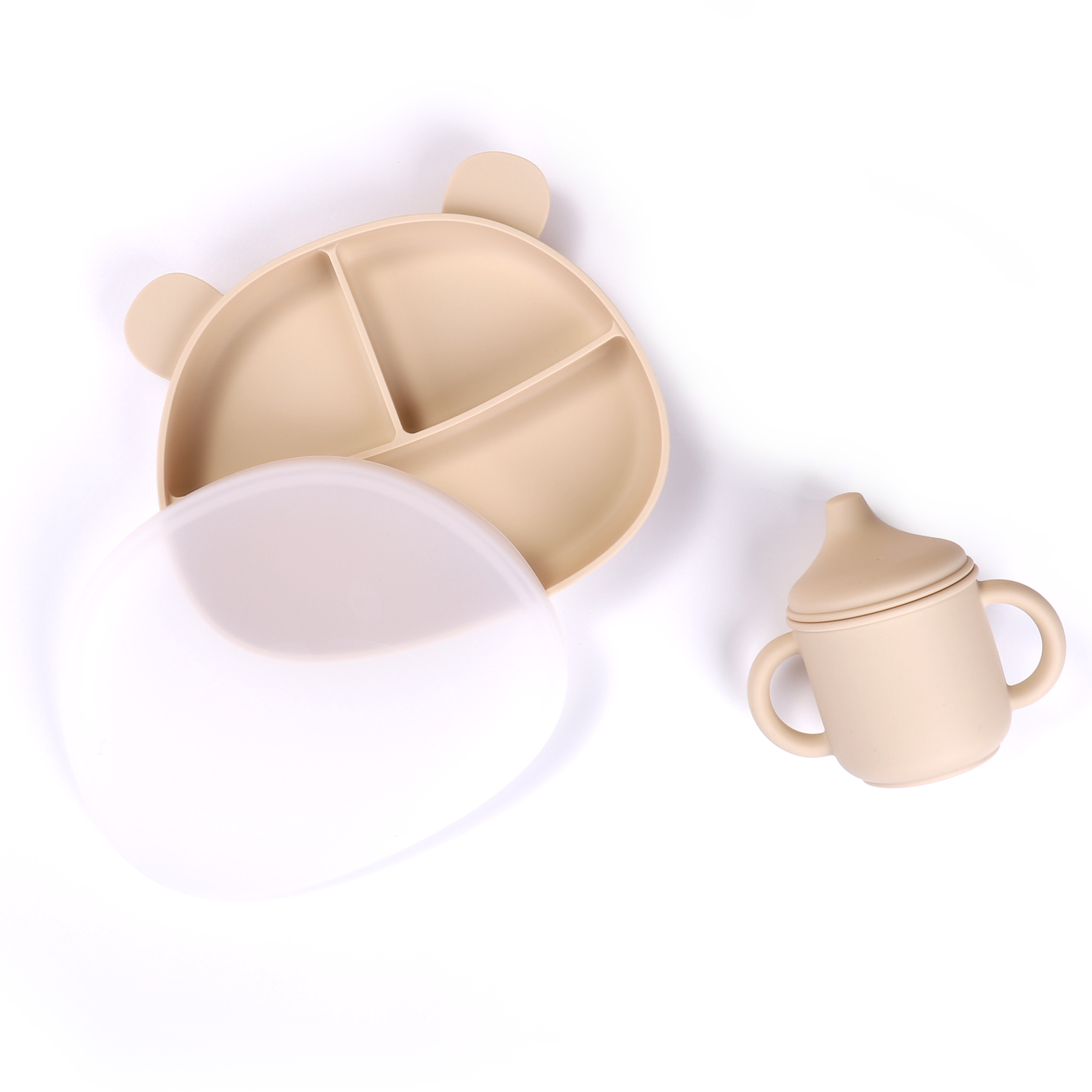 Khaki Silicone Spill-Proof Cup and Suction Plate with Lid Set