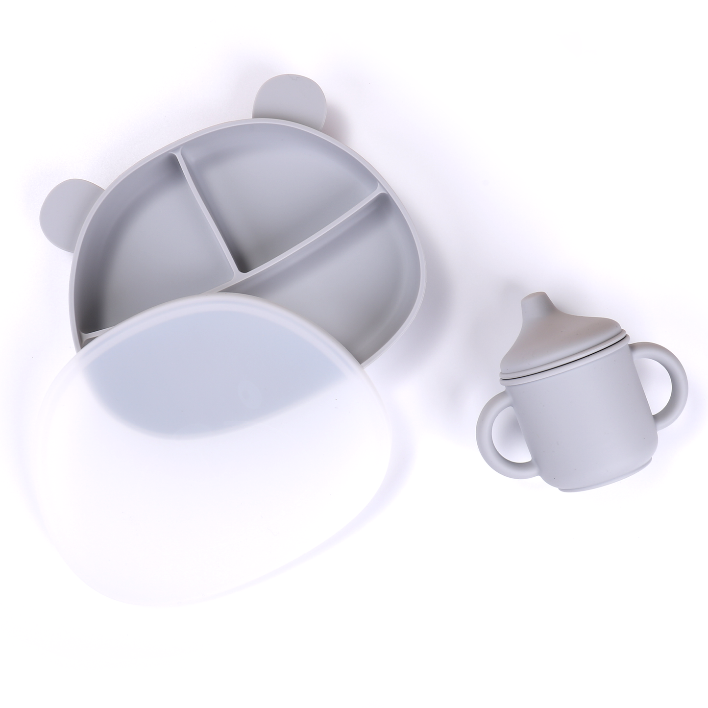 Gray Silicone Spill-Proof Cup and Suction Plate with Lid Set