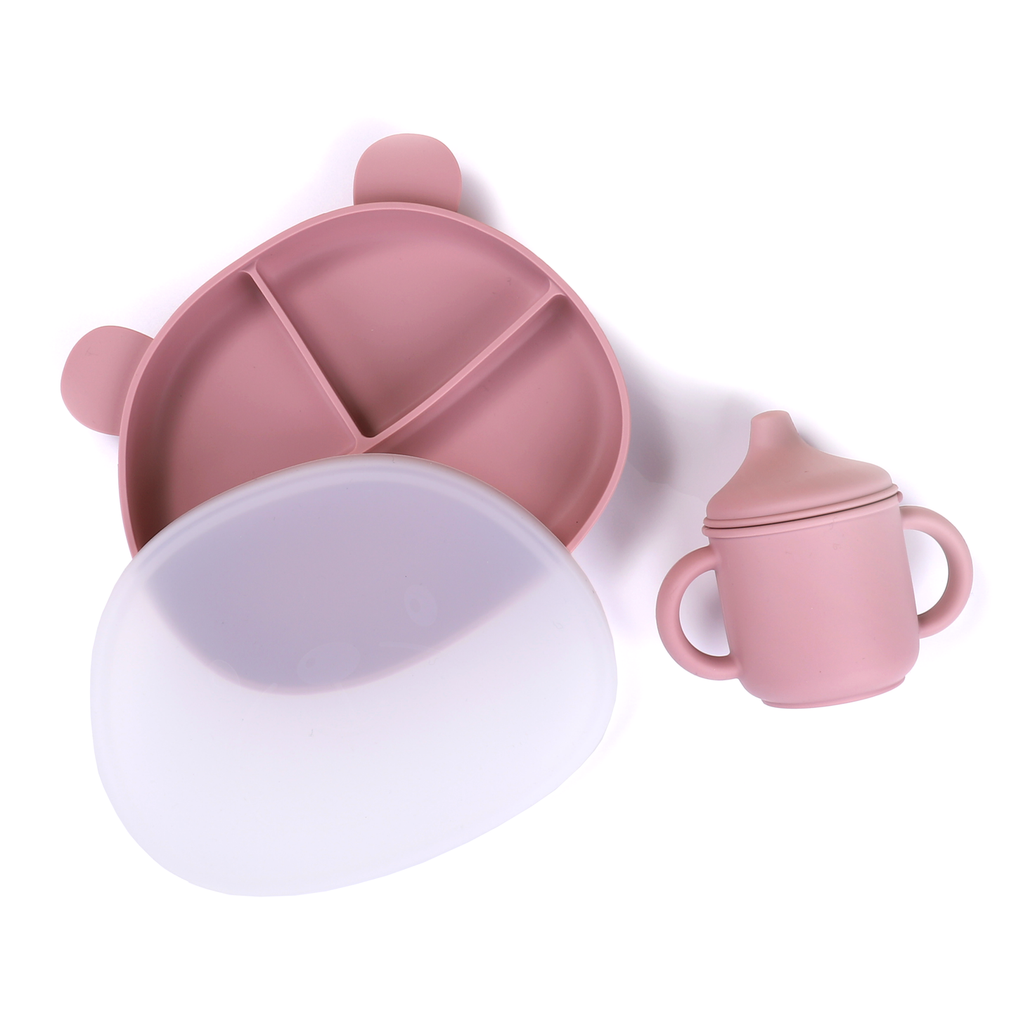 Pink Silicone Spill-Proof Cup and Suction Plate with Lid Set