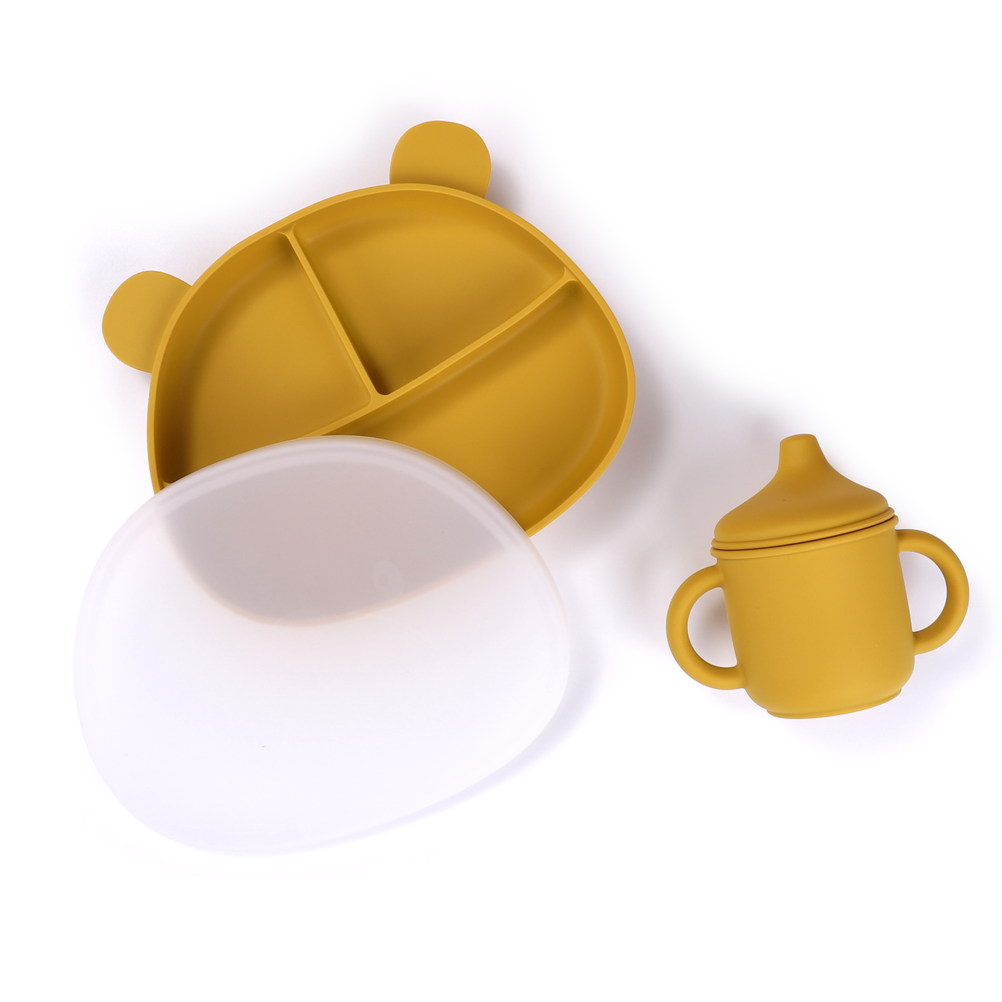 Yellow Silicone Spill-Proof Cup and Suction Plate with Lid Set