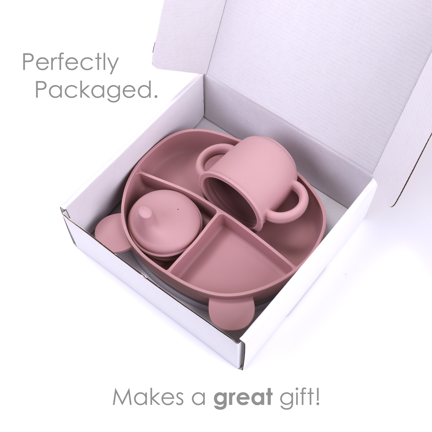Pink Silicone Spill-Proof Cup and Suction Plate with Lid Set