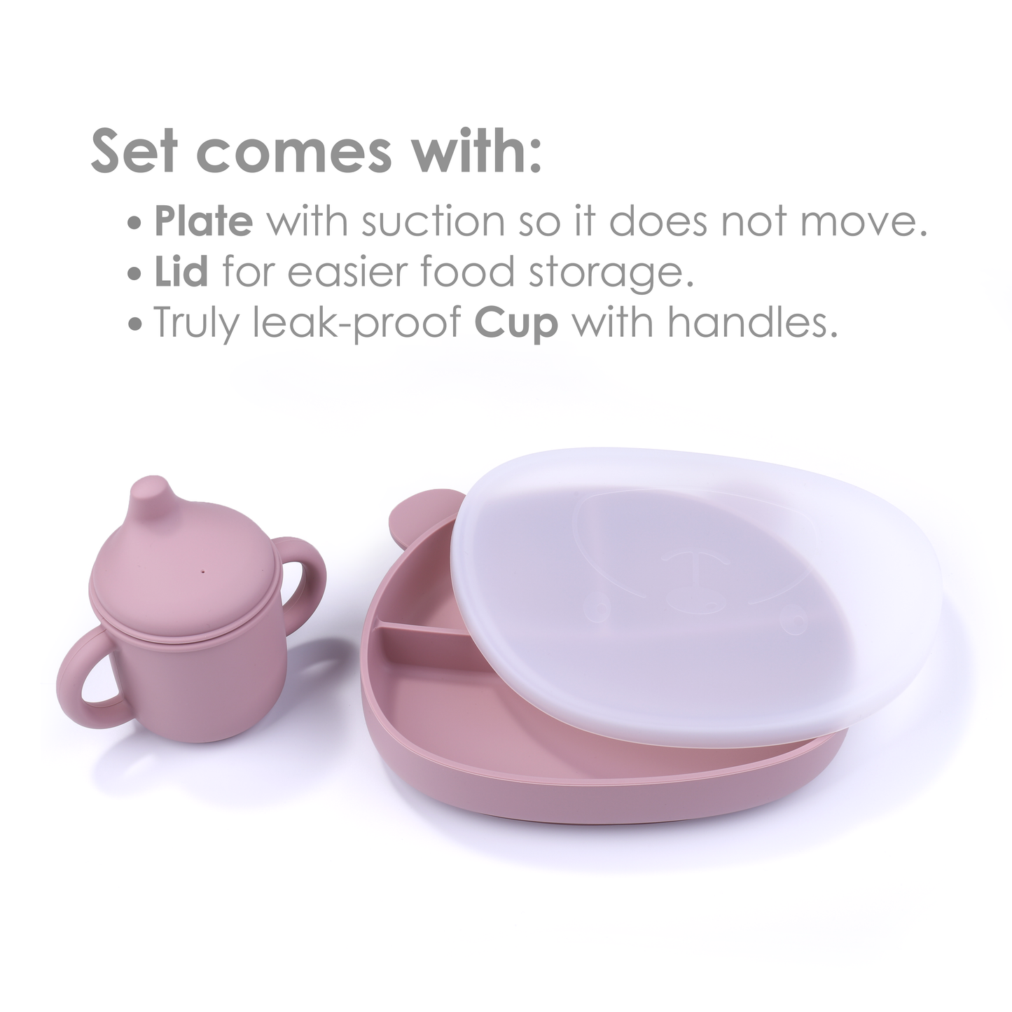 Pink Silicone Spill-Proof Cup and Suction Plate with Lid Set